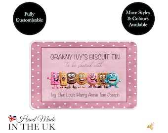 Personalised biscuit tin with individual biscuit characters. Mother's Day gift for Gran. Grandma's biscuit tin. Cute custom biscuit tin