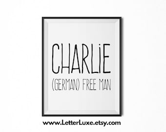 Nombre de Charlie que significa arte, regalo de Charlie, nuevo regalo de bebé imprimible, arte imprimible de la guardería, impresión digital, decoración de la guardería, decoración de la pared de la tipografía