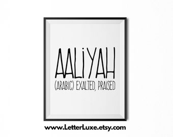 Aaliyah Name Meaning Art, Aaliyah Printable Baby Shower Gift, Nursery Printable Art, Digital Print, Nursery Decor, Typography Wall Decor