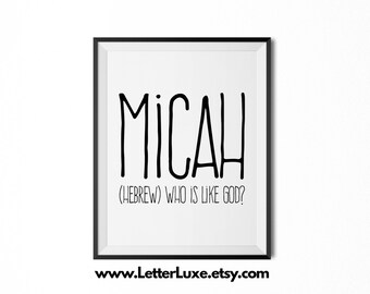 Micah afdrukbaar kindercadeau, Micah cadeau, naam betekenis kunst, baby shower cadeau, kinderkamer kunst, digitale print, kinderkamer decor, typografie muur decor