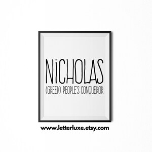 Nicholas Name Meaning Art, Nicholas Printable Baby Shower Gift, Nursery Printable Art, Digital Print, Nursery Decor, Typography Wall Decor