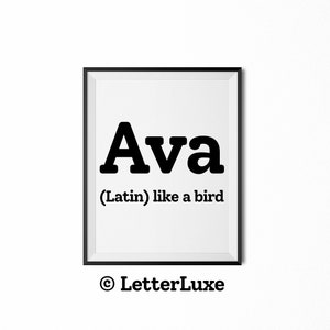 Nom Ava signifiant signe, cadeau Ava, cadeau imprimable de douche de bébé, décoration d'anniversaire, impression d'art de partie, décor de mur de chambre de pépinière, affiche de dortoir