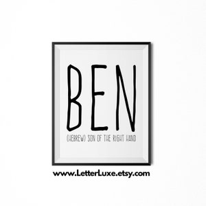 Ben naam betekenis kunst, Ben geschenk, Ben afdrukbare baby shower cadeau, afdrukbare kunst van de kwekerij, digitale print, kinderkamer decor, typografie wand decor