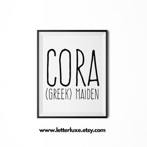 Cora Name Meaning Art, Cora Gift, Printable Baby Shower Gift, Nursery Printable Art, Digital Print, Nursery Decor, Typography Wall Decor