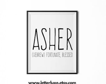 Significato del nome Asher Arte, Asher Regalo, Regalo stampabile per baby shower, Arte stampabile per la cameretta dei bambini, Stampa digitale, Decorazione per la cameretta dei bambini, Decorazione murale tipografica