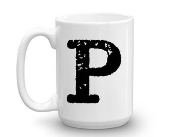 Initial Mug, Letter P, 15oz Ceramic Cup, Brother Gift Mug, Right-Handed or Left-Handed Mug, Office Mug, Housewarming Gift, Secret Santa