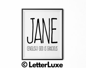 Jane Name Meaning Art, Jane Gift, Printable New Baby Gift, Nursery Printable Art, Digital Dorm Print, Home Decor, Office Wall Decor