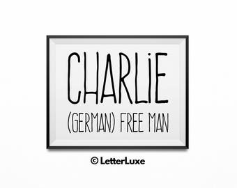 Charlie nombre que significa arte, nuevo regalo de bebé imprimible, arte imprimible de la guardería, impresión digital del paisaje, decoración de la guardería, decoración de la pared de la tipografía