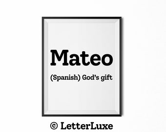 Mateo nombre significado signo, Mateo regalo de baby shower imprimible, decoración de cumpleaños, impresión de arte de definición, decoración de la pared del dormitorio de la guardería cartel del dormitorio