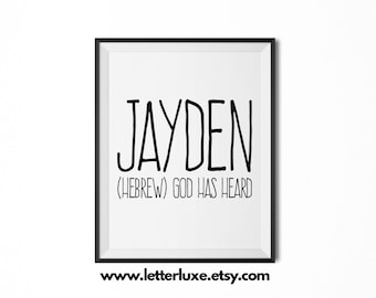 Jayden Name Meaning Art, Jayden Gift, Printable Baby Shower Gift, Nursery Printable Art, Digital Print, Nursery Decor, Typography Wall Decor