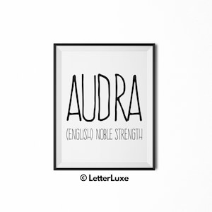 Audra Name Bedeutung Kunst, Audra Geschenk, druckbare Baby Shower Geschenk, Kinderzimmer druckbare Kunst, Digitaldruck, Kinderzimmer Dekor, Typografie Wand Dekor
