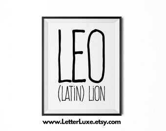 Leo Name Meaning Art, Leo Gift, Printable Baby Shower Gift, Nursery Printable Art, Digital Print, Nursery Decor, Typography Wall Decor