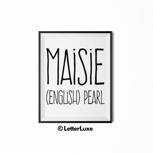Maisie Name Bedeutung Kunst, Maisie druckbare Baby-Mädchen-Dusche-Geschenk, Kinderzimmer druckbare, digitale Kunstdruck, Kinderzimmer Dekor, Typografie Wand-Dekor