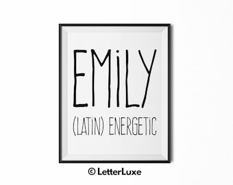 Nombre de Emily que significa arte, regalo de Emily, regalo de baby shower imprimible, arte imprimible de la guardería, impresión digital, decoración de la guardería, decoración de la pared de tipografía