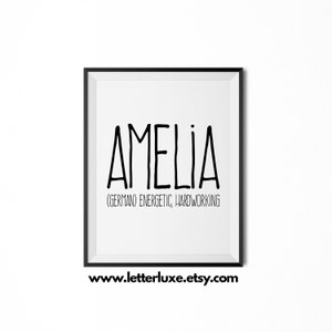 Amelia Name Meaning Art, Amelia Gift, Printable Baby Shower Gift, Nursery Printable Art, Digital Print, Nursery Decor, Typography Wall Decor