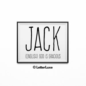 Arte do significado do nome de Jack, presente de chá de bebê para impressão de Jack, berçário horizontal para impressão, impressão digital, decoração de berçário, decoração de parede de tipografia