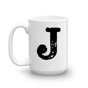 Taza con inicial, letra J, taza de cerámica de 15 oz, taza de regalo para hermanas, taza para diestros o zurdos, taza de oficina, regalo de inauguración de la casa, amigo secreto