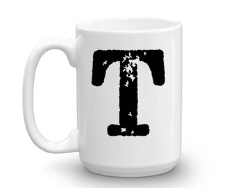 Initial Mug, Letter T, 15oz Ceramic Cup, Granddad Gift Mug, Right-Handed or Left-Handed Mug, Gift for Man, Office Mug, Housewarming Gift