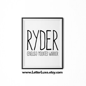 Ryder Printable Kids Gift, Ryder Gift, Name Meaning Art, Baby Shower Gift, Nursery Art, Digital Print, Nursery Decor, Typography Wall Decor