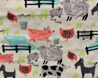 Farm Animals Rooster Chicken Cow Horse Pig Sheep Ducks Cat on Blue Farm Novelty Fabric Farm Animals Comfy Flannel Fabric