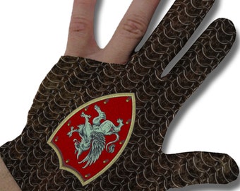 May include: A brown leather shooting glove with a chainmail pattern and a red shield featuring a white griffin design.