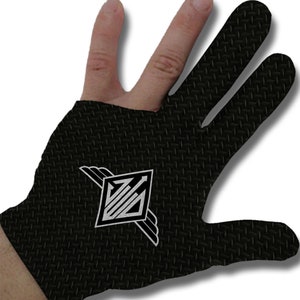 May include: Black and grey fingertip shooting glove with a diamond-shaped logo and a textured surface.