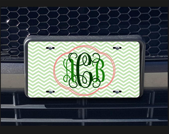 Personalized license plate with chevron background and Vines-style monogram