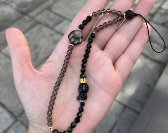Black and Ice Obsidian Crystal Bear Paw Phone Chain: Beaded Gemstone Wristlet Lanyard