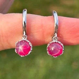Lab Grown Starlight Ruby S925 Drop Earrings, Flashy Pink Gemstone Jewelry