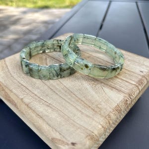 Prehnite Crystal Rectangle Soft Bangle Bracelet: Green and Black Stretch Gemstone Jewelry