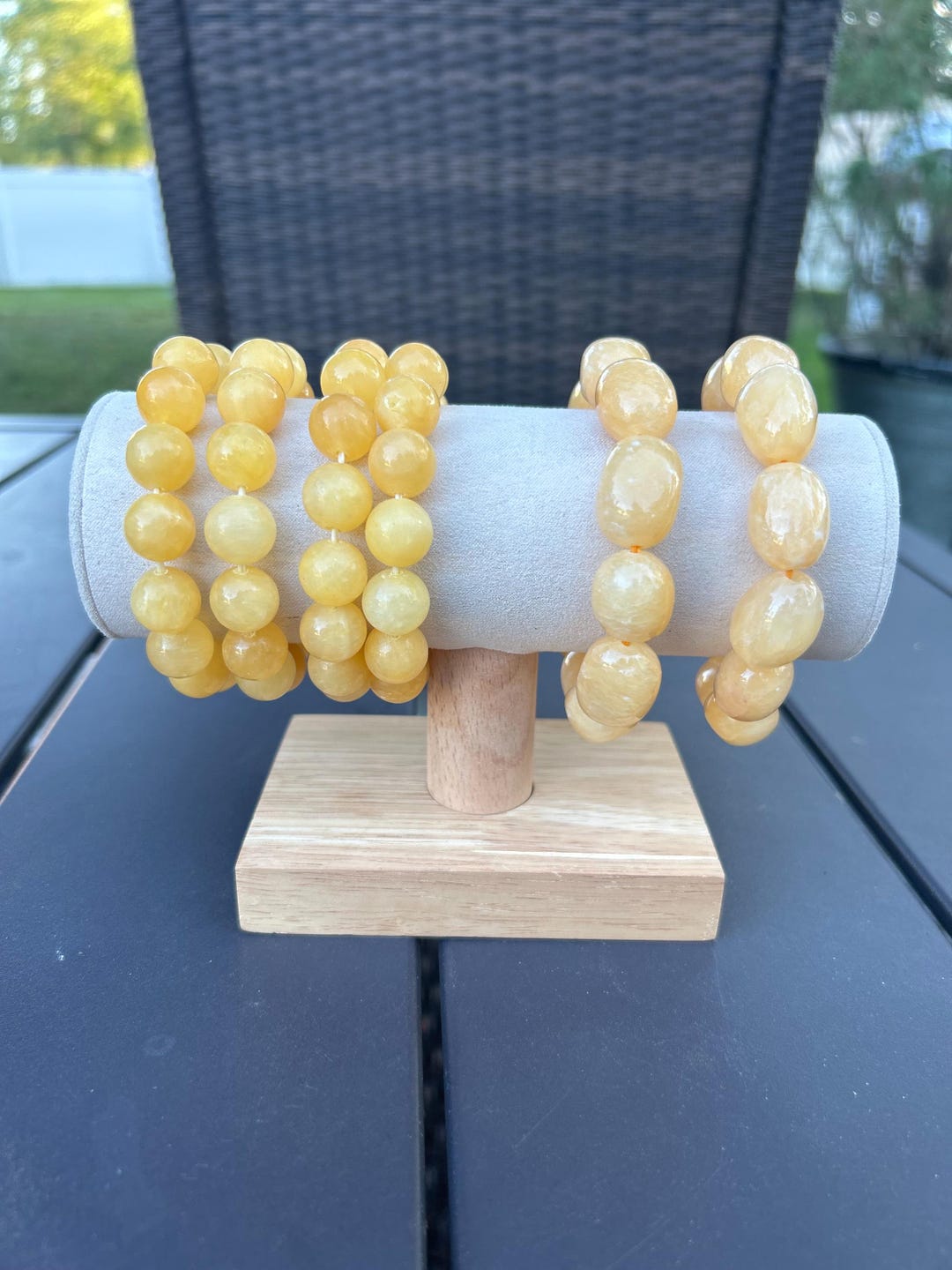 Honey Calcite Crystal Beaded Bracelet: Round or Barrel Yellow Gemstone ...