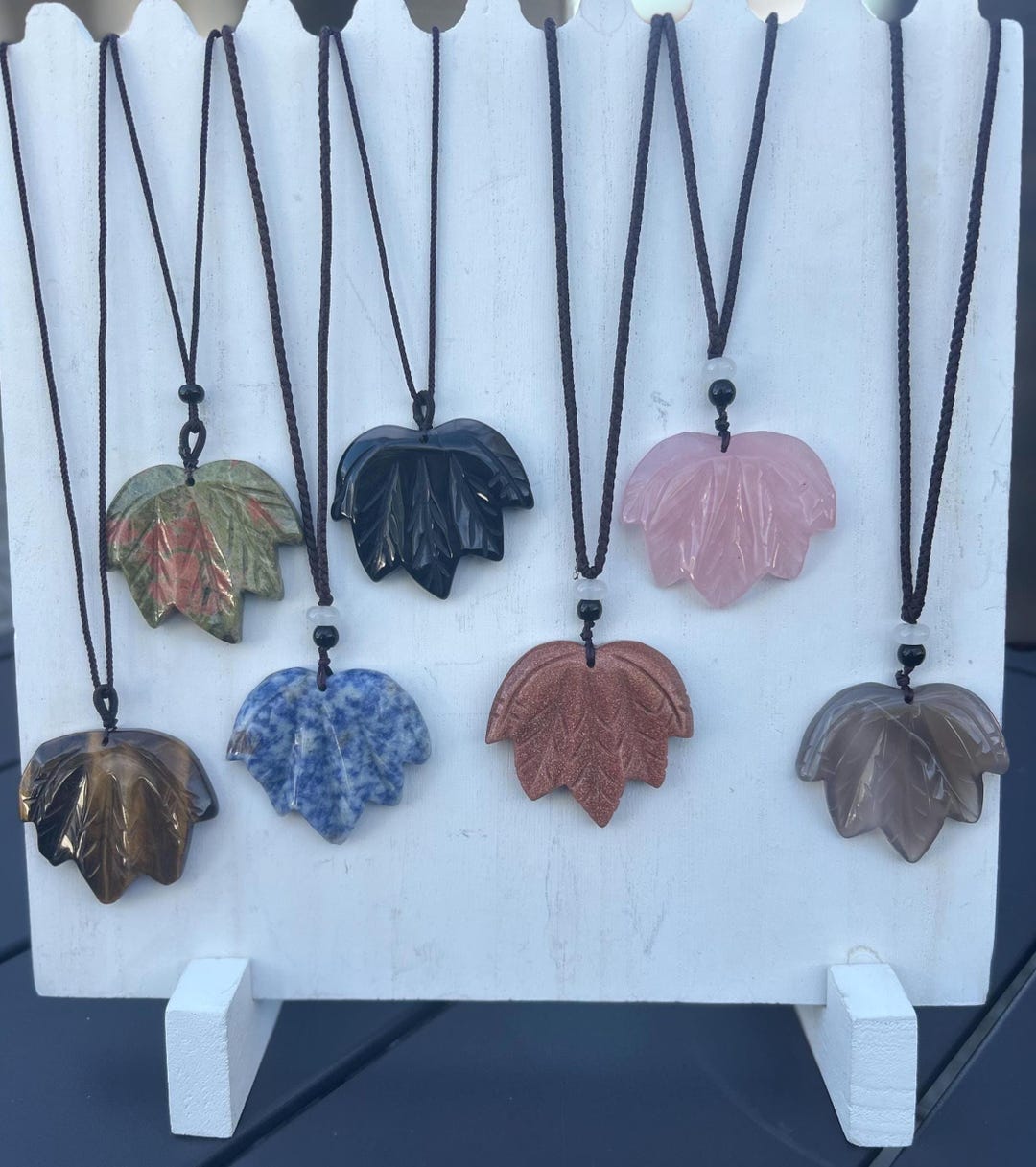 Lot De 4 Pendentifs Pierres Naturelles – Quartz Rose, Obsidienne, Unakite, Agate – Avec Jonc Acier Noir