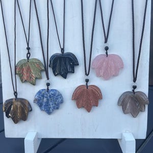 Maple Leaf Crystal Pendant Necklace: Quartz, Obsidian, Agate, Unakite, Jasper, Sandstone, Tiger Eye
