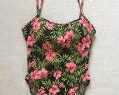 Women 39 s Size 12 - Vintage 80s Pink Black Tropical Print High-Cut Swimsuit Leilani