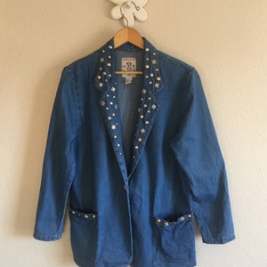 Women&#39;s Small - Vintage 80s Denim Blazer with Jeweled Collar ~ Studio Wear