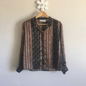 Women's Size 10 Petite - Vintage 90s Sheer Brown + Gold Printed Long-Sleeve Blouse ~ Yves St. Clair