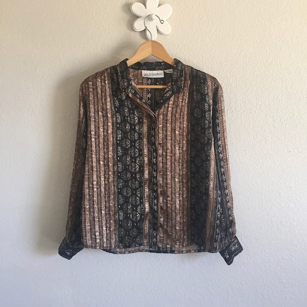Women's Size 10 Petite - Vintage 90s Sheer Brown + Gold Printed Long-Sleeve Blouse ~ Yves St. Clair