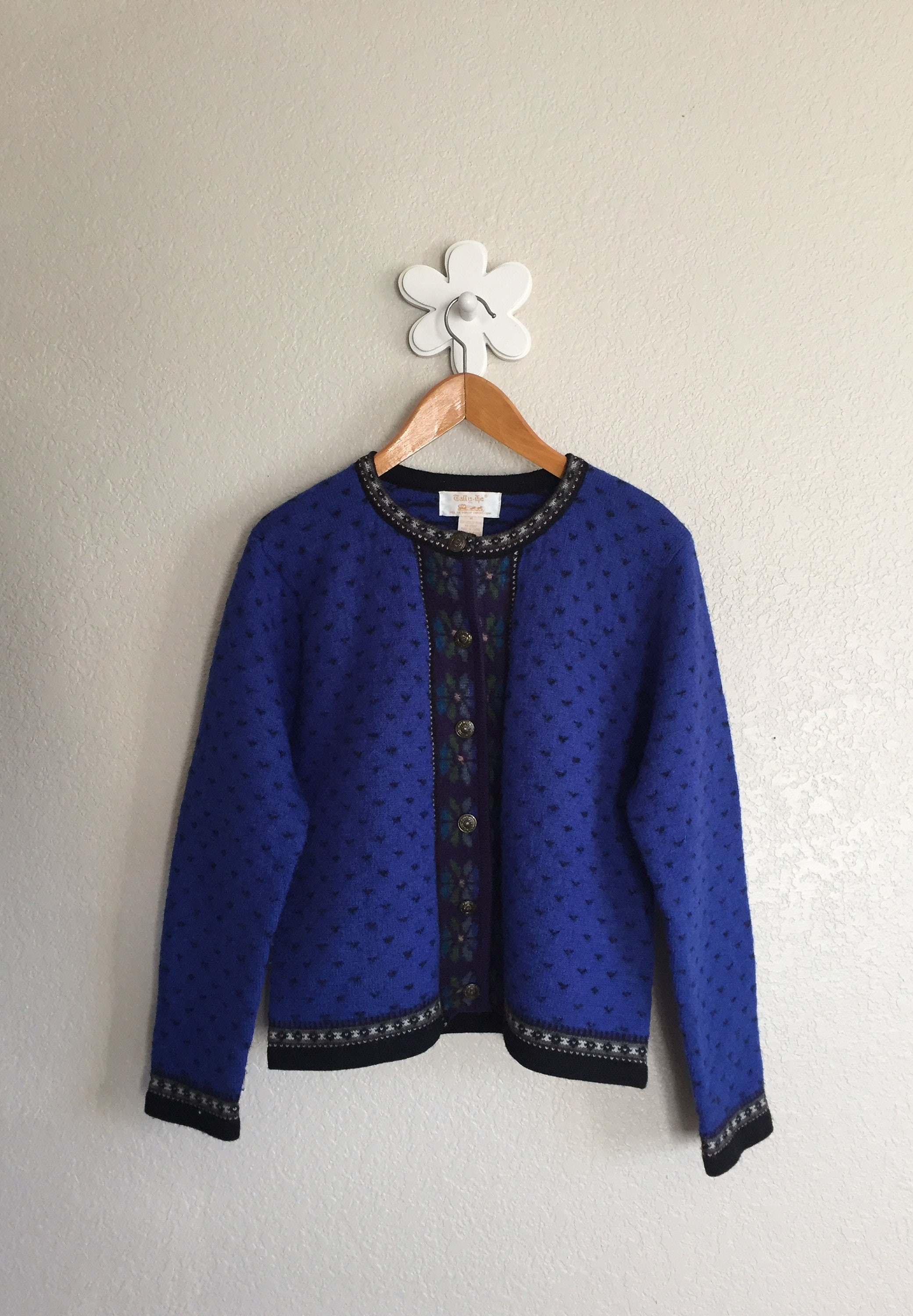 Women's Medium - Vintage 80s Blue Printed Wool Cardigan Women's Medium - Vintage 80s Blue Printed Wool Cardigan