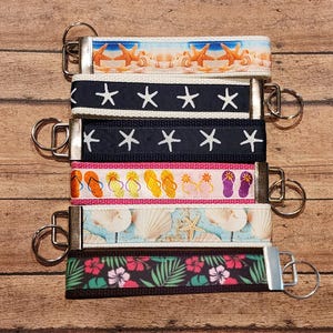 Wrist Keyfob / Wristlet Keychain - Nautical Starfish Seashells Flipflops Seashells Beach Ocean
