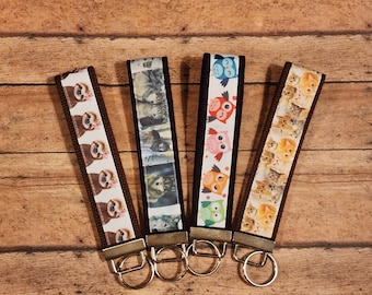 Sloths, Wolves, Owls, & Cats Wrist Keyfob / Wristlet Keychain