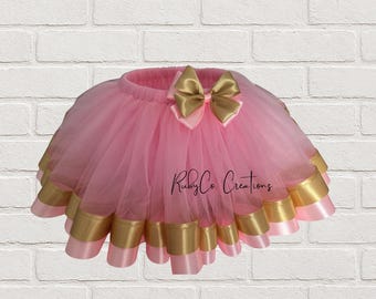 Pink Tutu Skirt; Baby Girl Tutu; Toddler Girl Tutu Skirt. GirlTutu Skirt. Girl Tutu Dress, Gold Ribbon.