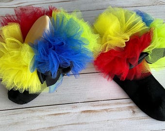 Uno Birthday Tutu Socks Green, Yellow, Blue, Red Tulle Bows on Black Socks