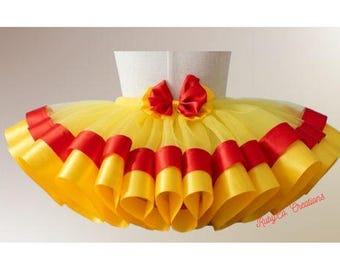Yellow and Red Ribbon Tutu Skirt – Handmade Fluffy Party Costume, Dance, Birthday, Cosplay.