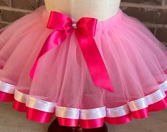 Pink Tutu Skirt with White and Hot Pink Satin Ribbon – High Quality, Handmade Girls Tulle Skirt for Parties, Photoshoots & Everyday Twirls