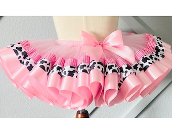 Pink Cowgirl Tutu Skirt | Western Birthday Outfit | Ribbon Trim Tutu | Toddler Girl Outfit. Cake Smash Outfit.