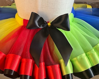 UNO-Inspired Rainbow Tutu Skirt with Black Satin Bow – High Quality, Handcrafted Tulle Skirt for Birthdays, Parties & Photoshoots,