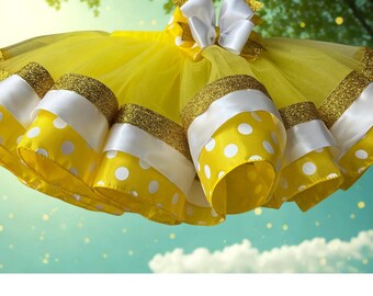 Yellow and White Tutu; Baby Girl Tutu; Glitter Tutu Skirt; Birthday Tutu Skirt; Special Ocassion Tutu Skirt. Yellow Polka Dots Tutu.