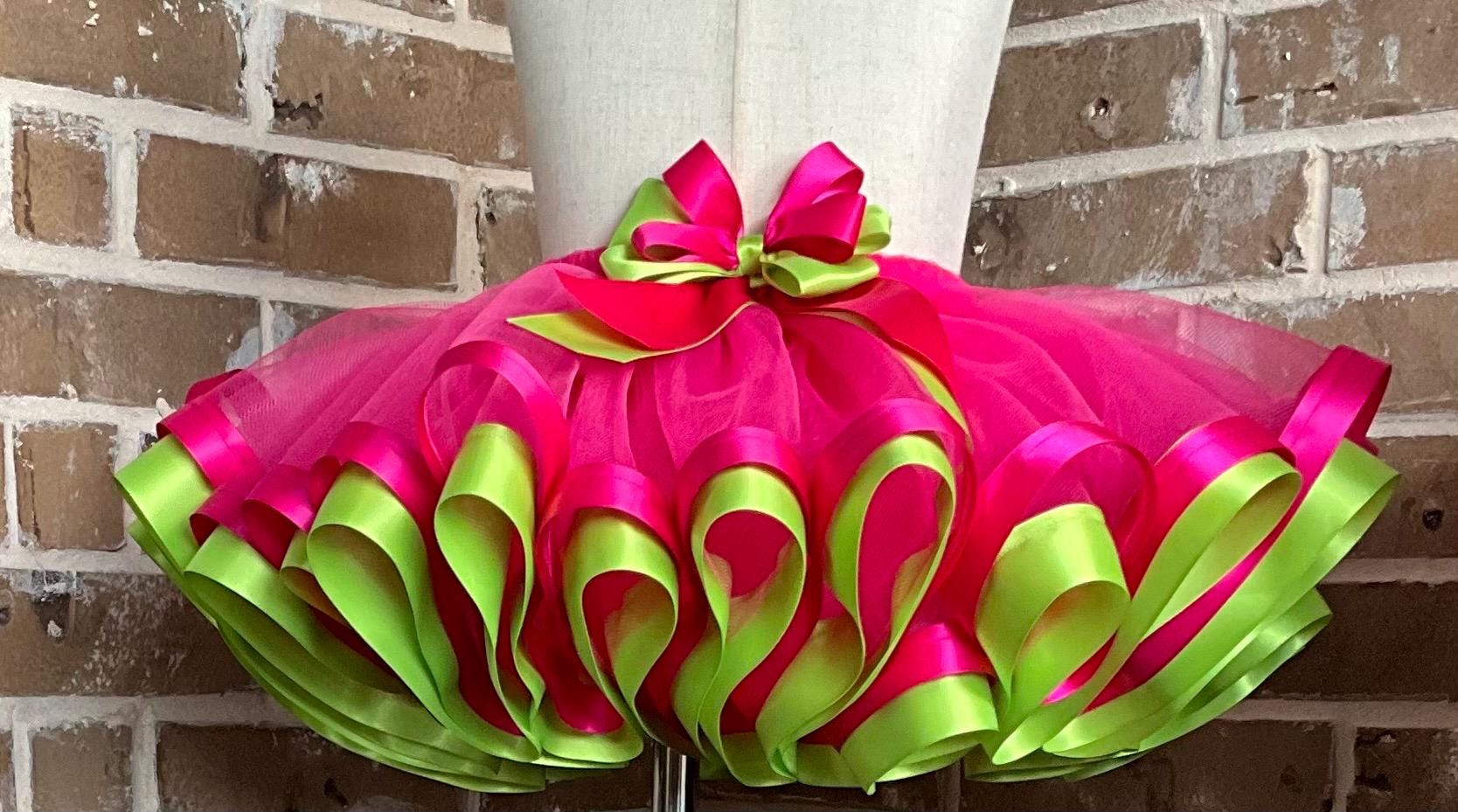 Strawberry-Inspired Hot Pink and Lime Green Tutu Skirt | Two-Layer Tulle Toddler Birthday Outfit | Handmade Dress-Up Skirt for Girls.