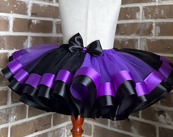 Black and Purple Ribbon Tutu Skirt – Handmade Fluffy Party Costume, Dance, Birthday, Cosplay, Halloween Outfit with Bow