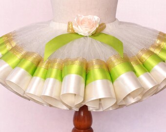 Green and Ivory Tutu Skirt with Gold Ribbon Trim, Princess Birthday Outfit, Flower Girl Tutu, Photo Prop Outfit, Custom Handmade Tutu.